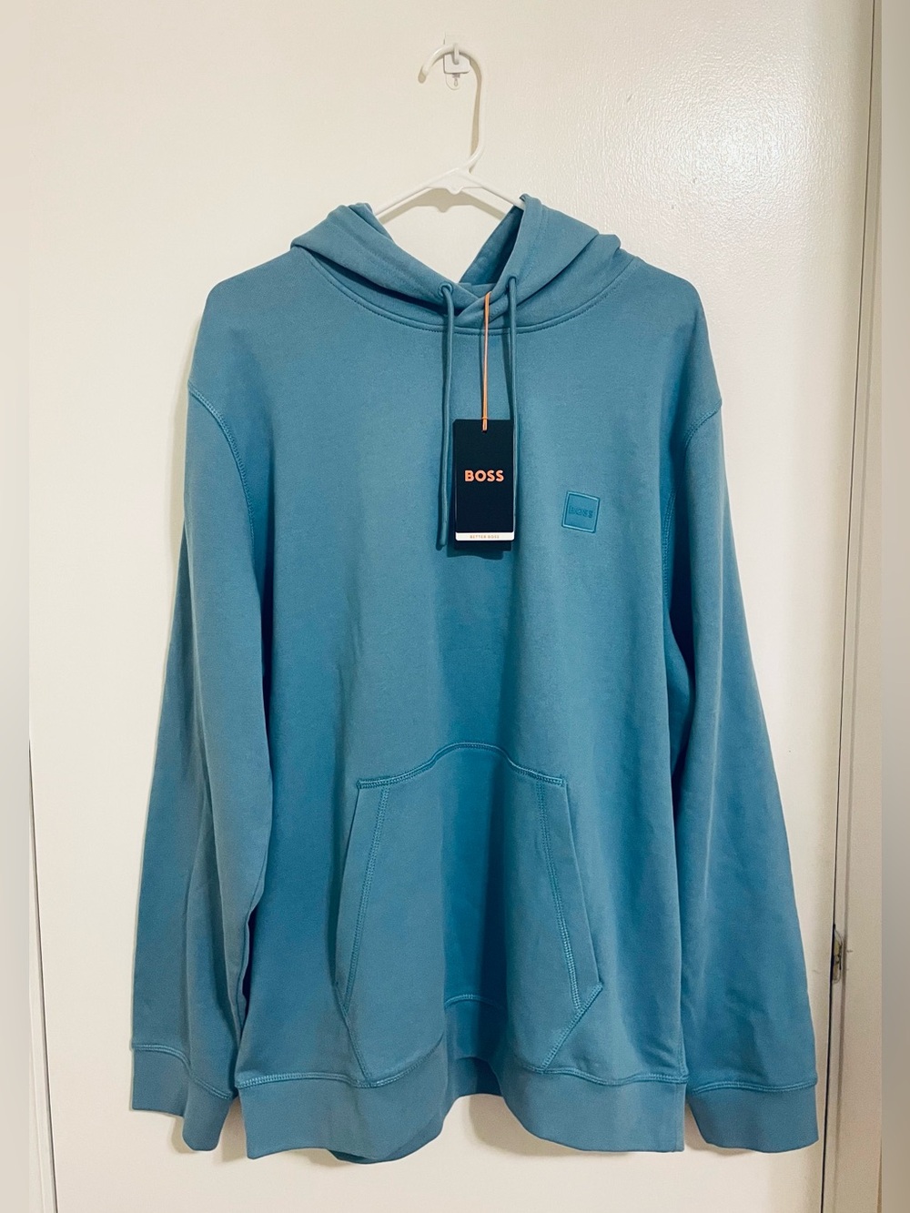 NWT BOSS Hugo Boss Logo-Patch Cotton Terry Hoodie in Blue